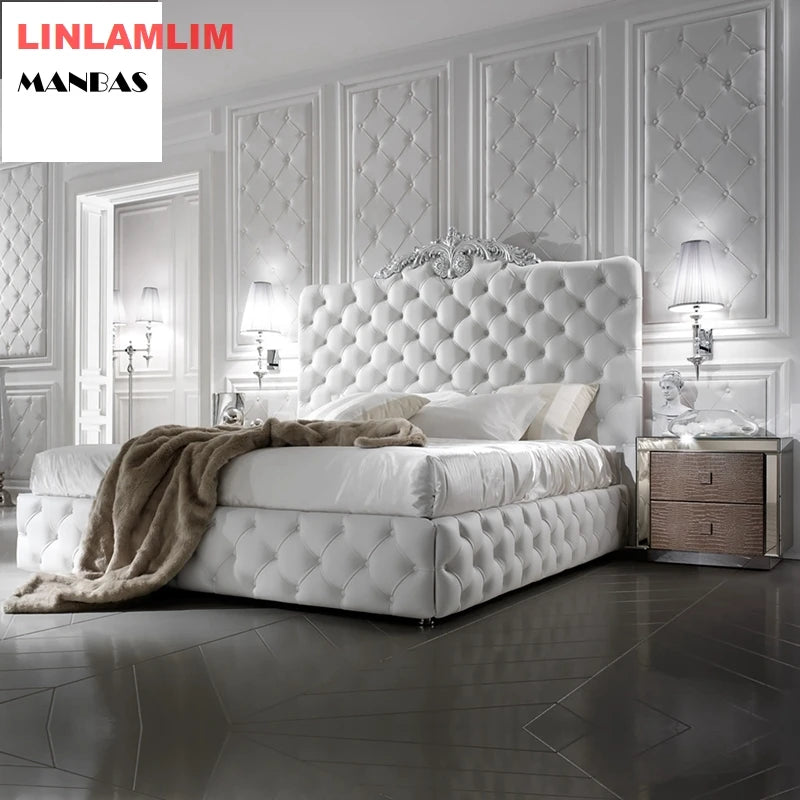 Rectangle bed frame camas cama Genuine Leather BED lighted Camara beds made of solid wood carved leather buttons