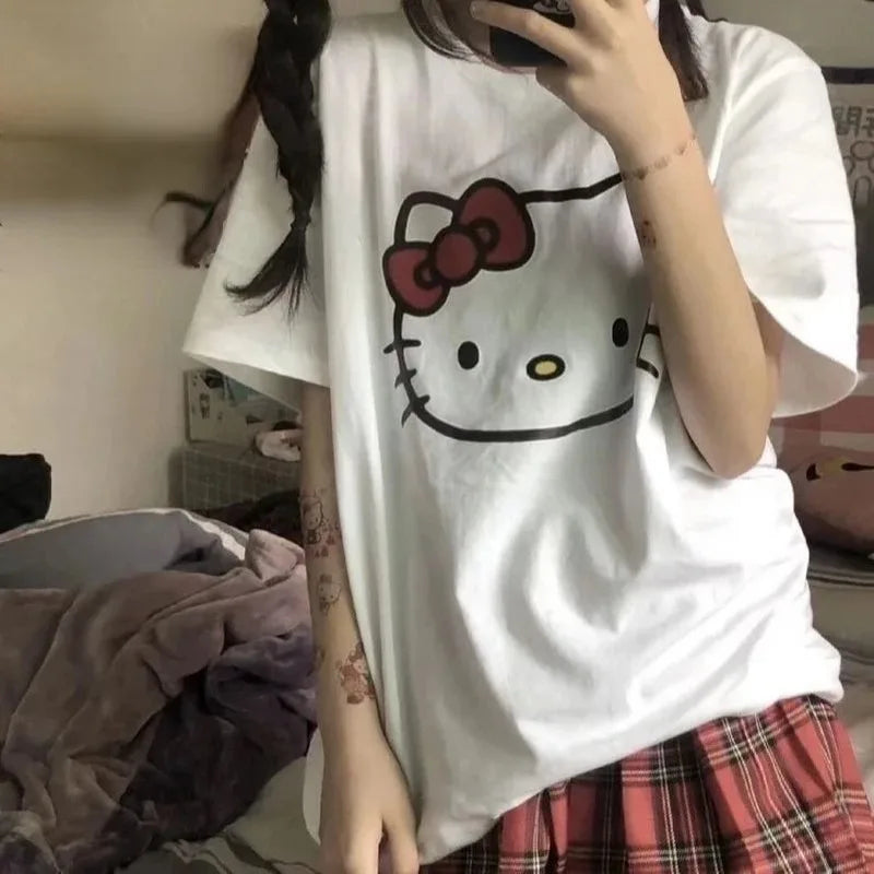 Hello Kitty Kurzarm T-Shirt für Männer Neuer Frühling und Sommer Männer Frauen Cartoon T-Shirt Mädchen Baumwolle atmungsaktive Jungen Casual