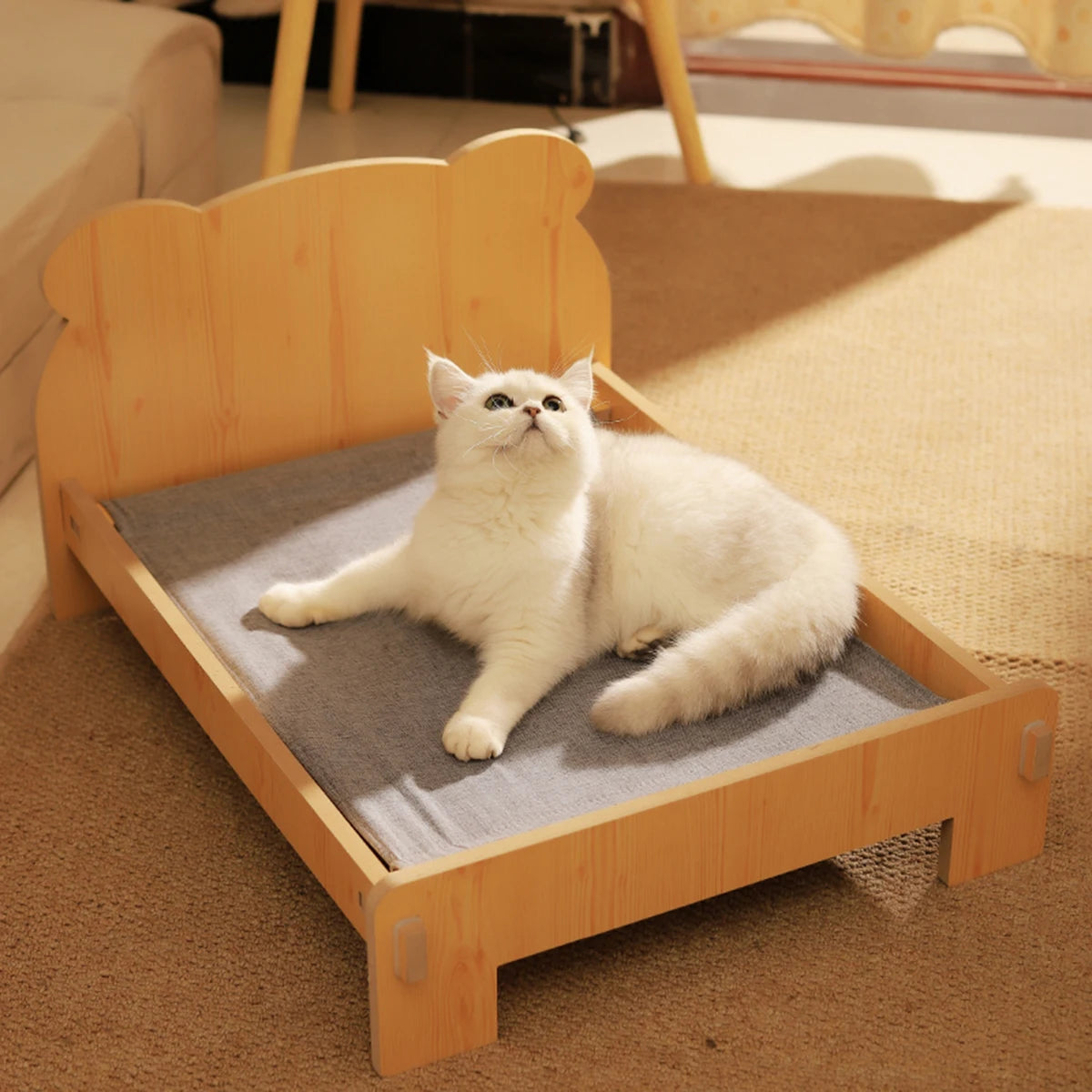 Cat Bed Wooden Cat and Dog Bed with Teddy Bear Pattern Indoor Pet Furniture Floor to Ceiling Bed (20 * 11inch) Comfortable Durable