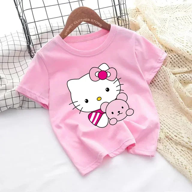 Hello Kitty Kawaii, 3-14 Jahre alt, modische Mädchenkleidung für Kinder, Sommerjungenkleidung, T-Shirt-Tops für Kinder