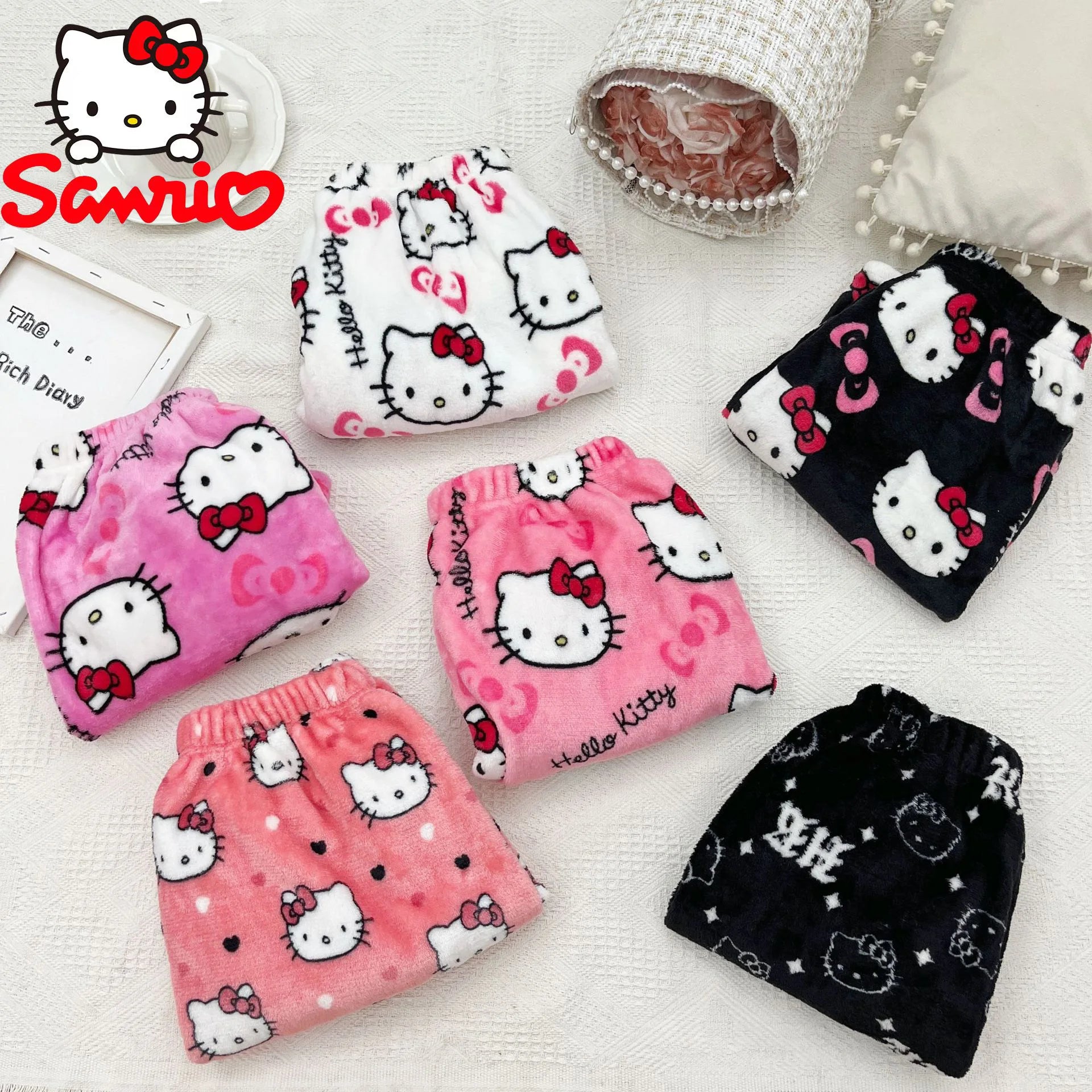 Cartoon Hello Kitty Flannel Pyjamas Damen Herbst und Winter Plus Velvet Warm Casual Home Graffiti Hosen