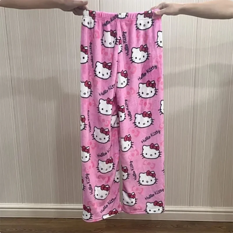 Cartoon Hello Kitty Flannel Pyjamas Damen Herbst und Winter Plus Velvet Warm Casual Home Graffiti Hosen