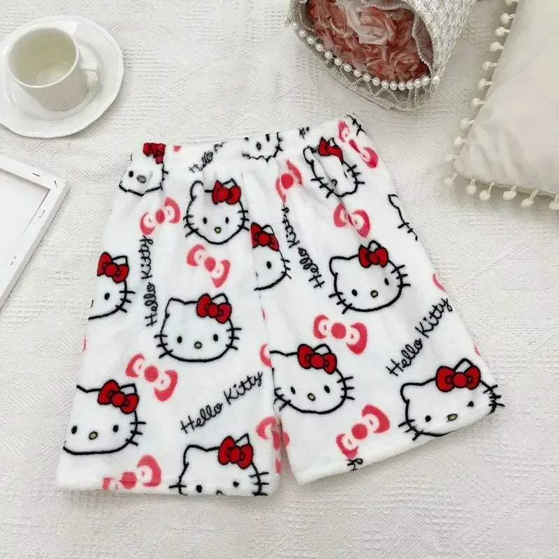 Cartoon Hello Kitty Flannel Pyjamas Damen Herbst und Winter Plus Velvet Warm Casual Home Graffiti Hosen