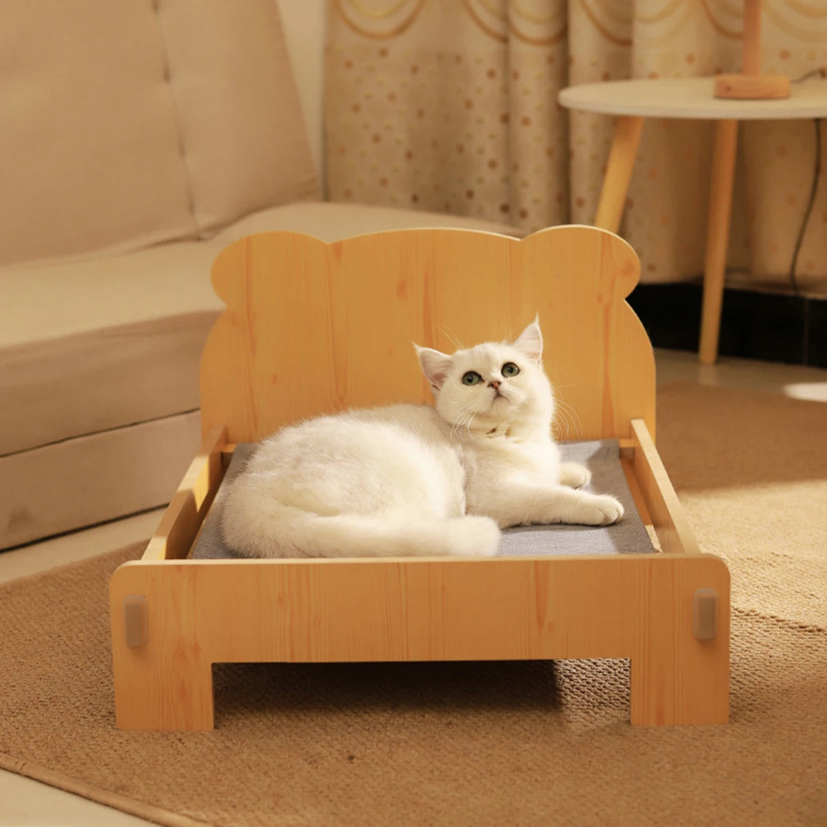 Cat Bed Wooden Cat and Dog Bed with Teddy Bear Pattern Indoor Pet Furniture Floor to Ceiling Bed (20 * 11inch) Comfortable Durable