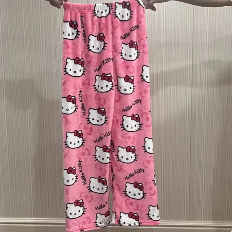 Cartoon Hello Kitty Flannel Pyjamas Damen Herbst und Winter Plus Velvet Warm Casual Home Graffiti Hosen