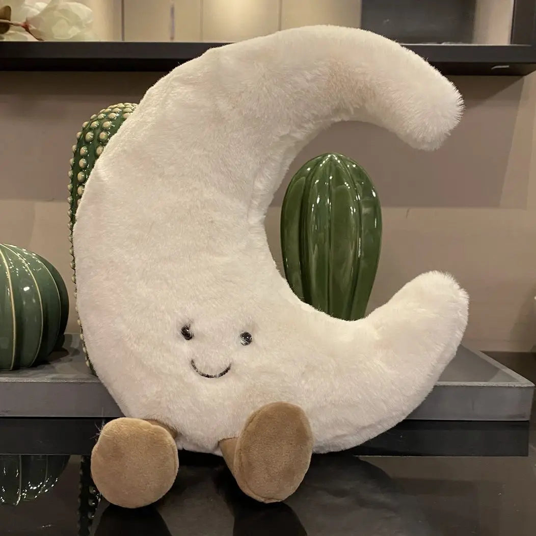 Entzückendes Lächeln Gesicht White Moon Yellow Sun Plushie Gefüllte süße Cartoon Wetter Plüschtier Spielzeug für Kinder Schlafzimmer Dekor