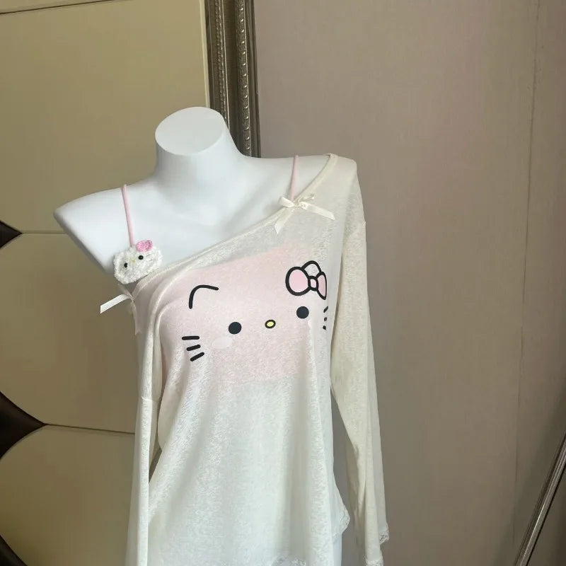 Hello Kitty Cartoon Off - schulterbedruckte Bluse Neue lose niedliche kawaii heißes Mädchen dünnen Sonnenschutz langärmeligen Top T-Shirt Geschenk