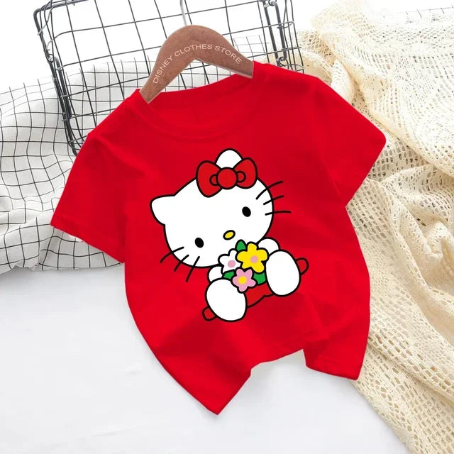 Hello Kitty Kawaii, 3-14 Jahre alt, modische Mädchenkleidung für Kinder, Sommerjungenkleidung, T-Shirt-Tops für Kinder