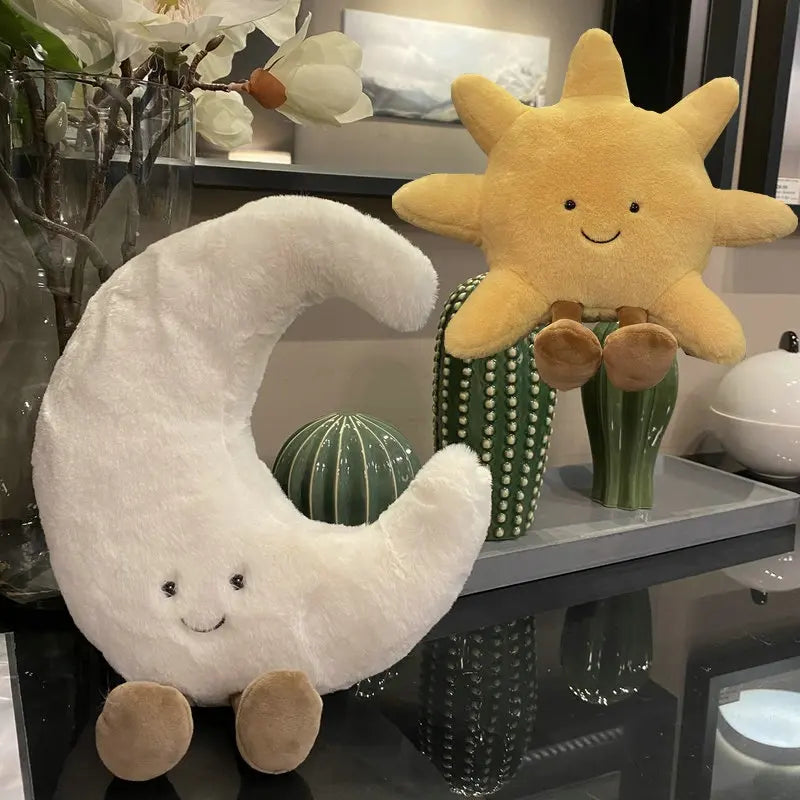 Entzückendes Lächeln Gesicht White Moon Yellow Sun Plushie Gefüllte süße Cartoon Wetter Plüschtier Spielzeug für Kinder Schlafzimmer Dekor