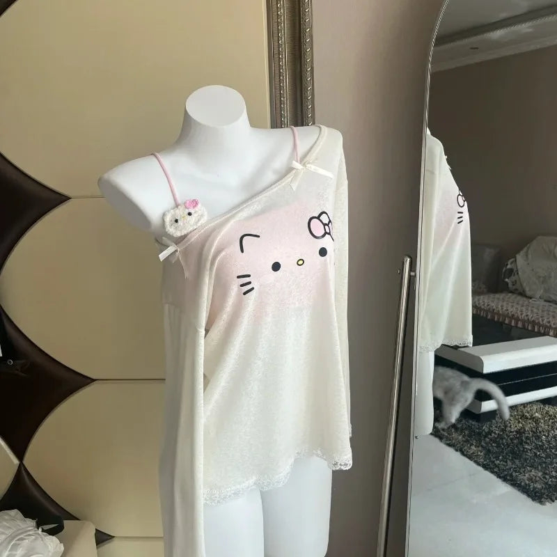 Hello Kitty Cartoon Off - schulterbedruckte Bluse Neue lose niedliche kawaii heißes Mädchen dünnen Sonnenschutz langärmeligen Top T-Shirt Geschenk