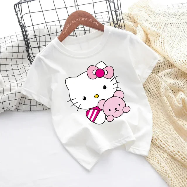 Hello Kitty Kawaii, 3-14 Jahre alt, modische Mädchenkleidung für Kinder, Sommerjungenkleidung, T-Shirt-Tops für Kinder