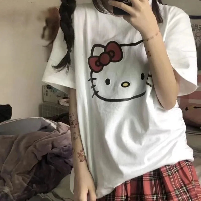 Hello Kitty Kurzarm T-Shirt für Männer Neuer Frühling und Sommer Männer Frauen Cartoon T-Shirt Mädchen Baumwolle atmungsaktive Jungen Casual