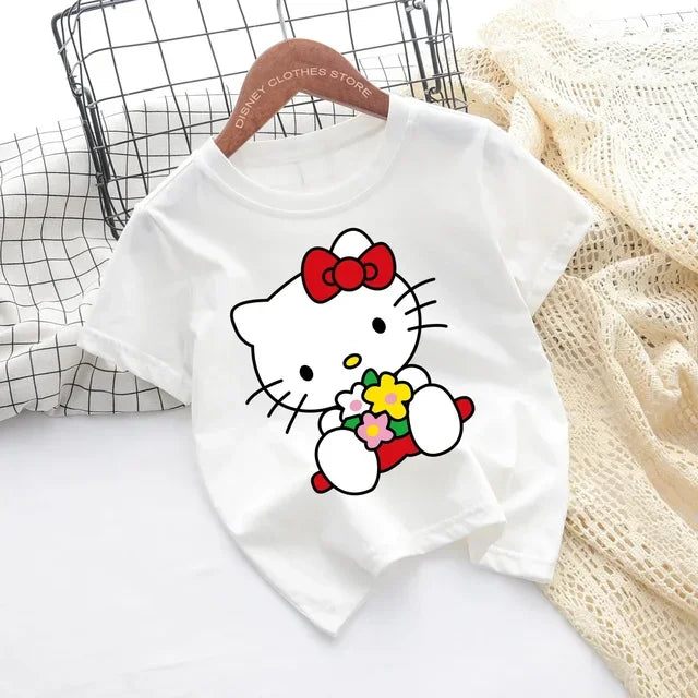 Hello Kitty Kawaii, 3-14 Jahre alt, modische Mädchenkleidung für Kinder, Sommerjungenkleidung, T-Shirt-Tops für Kinder