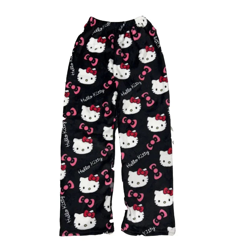 Cartoon Hello Kitty Flannel Pyjamas Damen Herbst und Winter Plus Velvet Warm Casual Home Graffiti Hosen