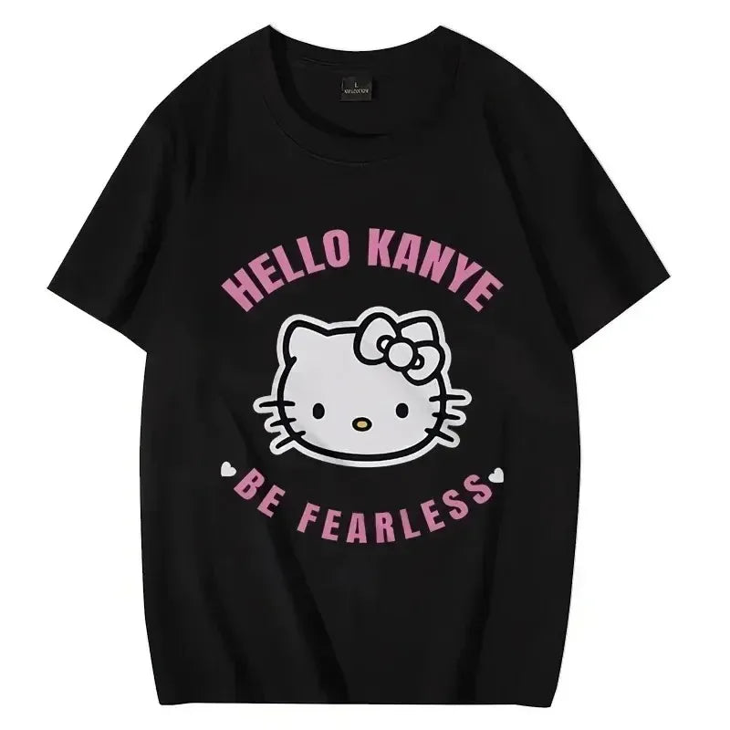 Hello Kitty Kanye Be Fearless Graphic T-Shirt Herren und Damen Mode Hip Hop Streetwear Loose Unisex Familienkleidung T-Shirt
