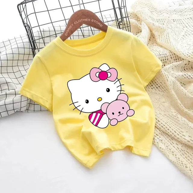 Hello Kitty Kawaii, 3-14 Jahre alt, modische Mädchenkleidung für Kinder, Sommerjungenkleidung, T-Shirt-Tops für Kinder