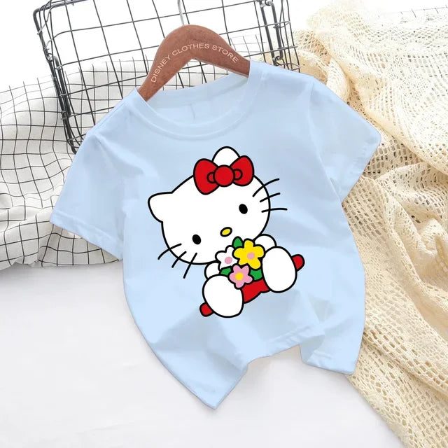 Hello Kitty Kawaii, 3-14 Jahre alt, modische Mädchenkleidung für Kinder, Sommerjungenkleidung, T-Shirt-Tops für Kinder