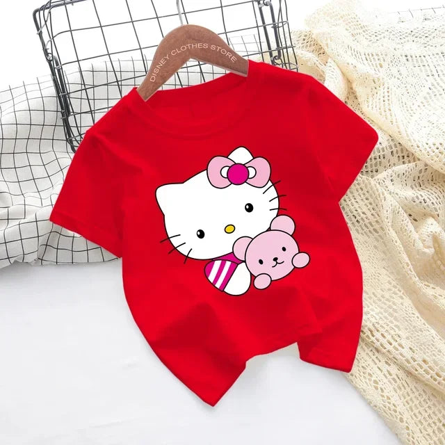 Hello Kitty Kawaii, 3-14 Jahre alt, modische Mädchenkleidung für Kinder, Sommerjungenkleidung, T-Shirt-Tops für Kinder