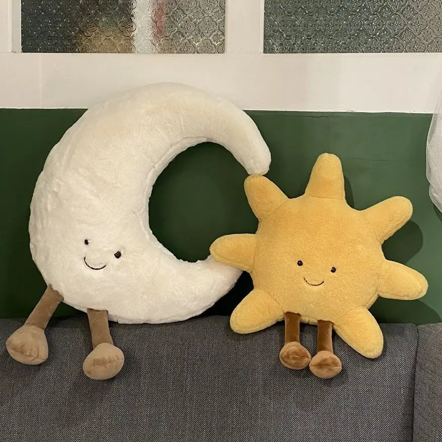 Entzückendes Lächeln Gesicht White Moon Yellow Sun Plushie Gefüllte süße Cartoon Wetter Plüschtier Spielzeug für Kinder Schlafzimmer Dekor