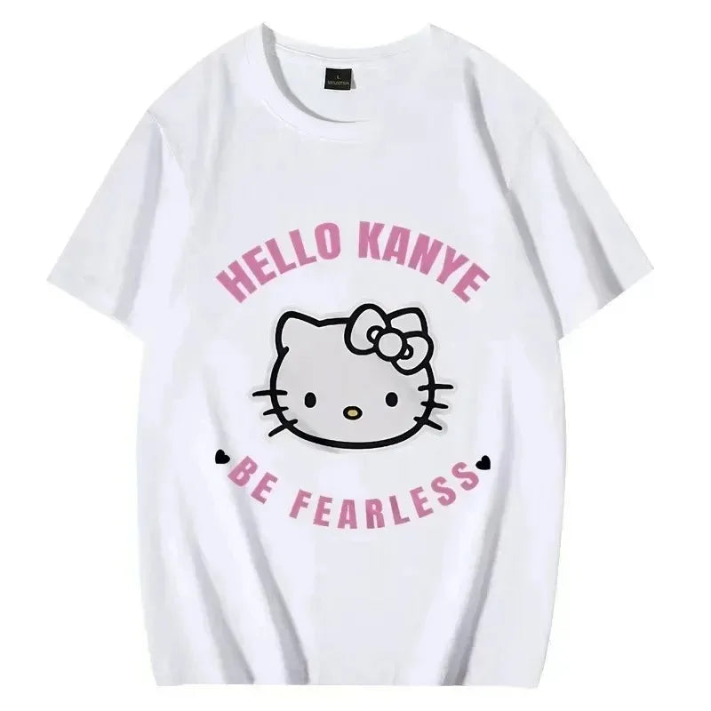 Hello Kitty Kanye Be Fearless Graphic T-Shirt Herren und Damen Mode Hip Hop Streetwear Loose Unisex Familienkleidung T-Shirt