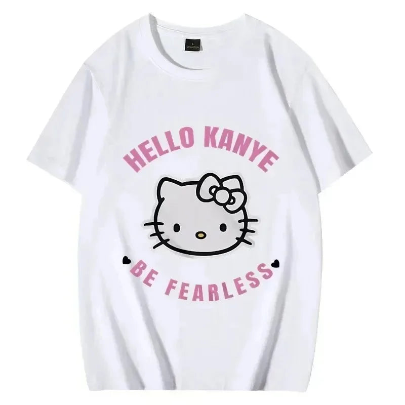 Hello Kitty Kanye Be Fearless Graphic T-Shirt Herren und Damen Mode Hip Hop Streetwear Loose Unisex Familienkleidung T-Shirt