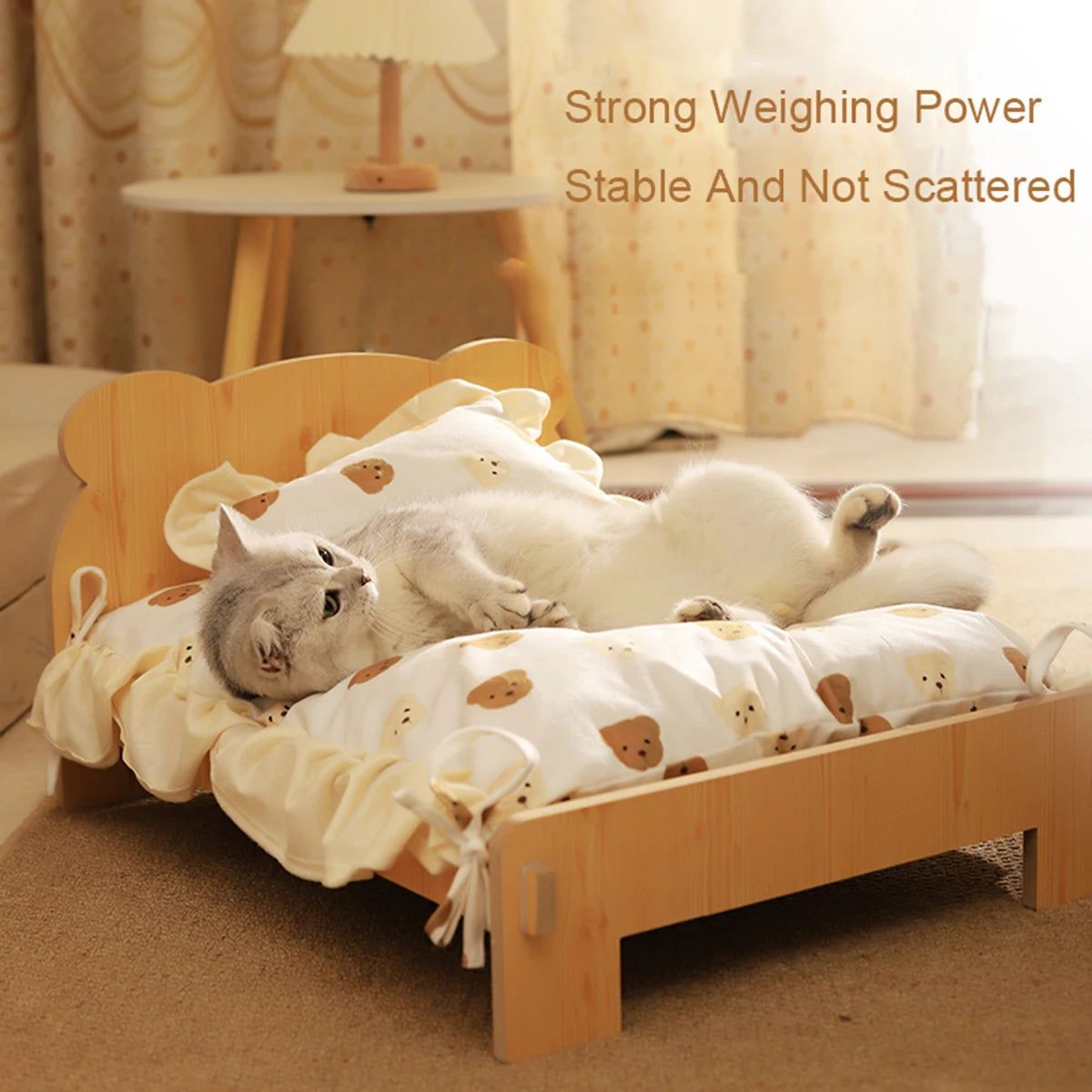 Cat Bed Wooden Cat and Dog Bed with Teddy Bear Pattern Indoor Pet Furniture Floor to Ceiling Bed (20 * 11inch) Comfortable Durable
