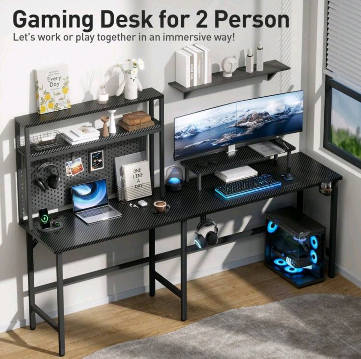 Gaming Desktop Tisch Schreibtisch Led Steckdose für bis zu 2 Personen Multifunktional