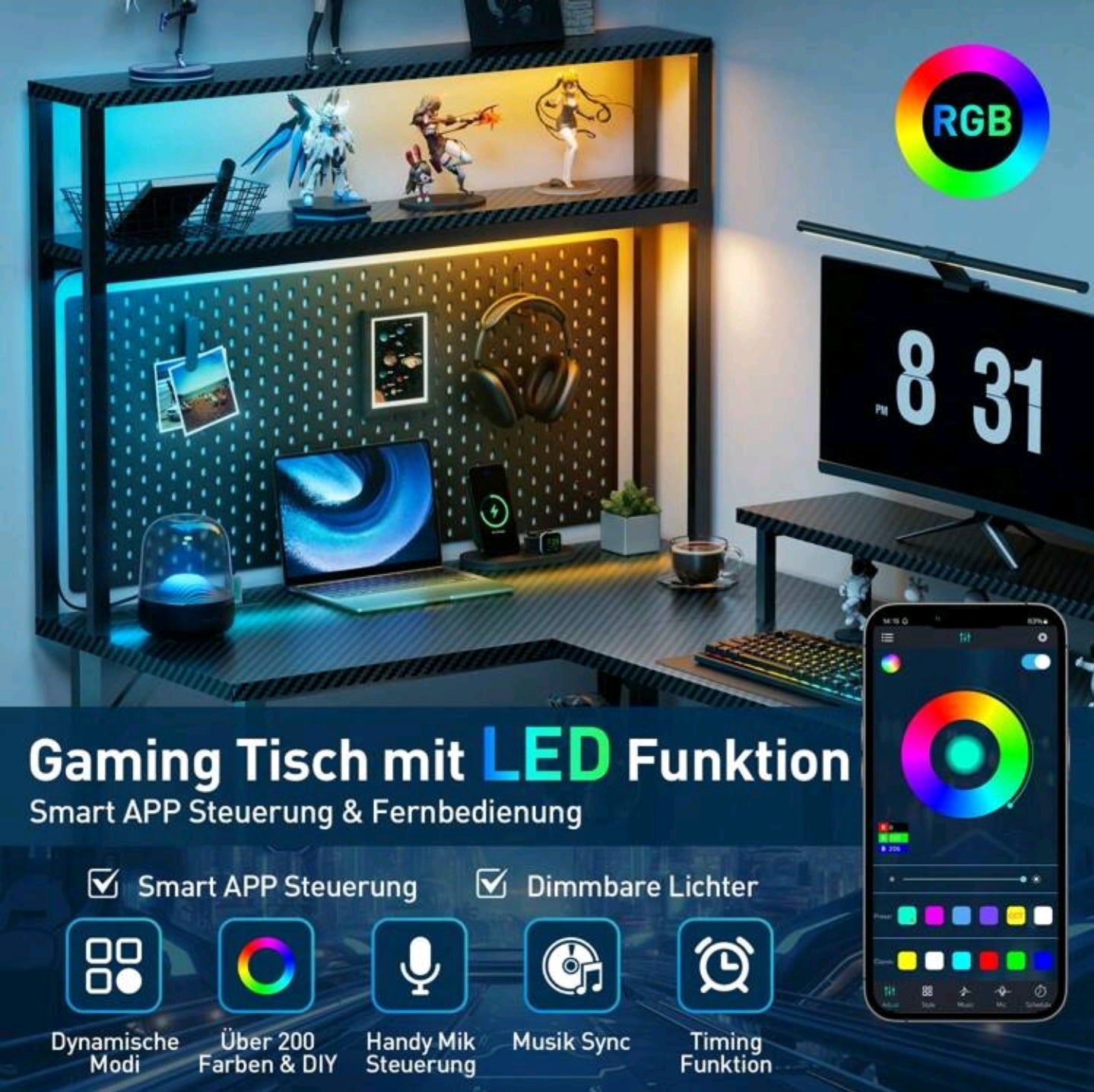 Gaming Desktop Tisch Schreibtisch Led Steckdose für bis zu 2 Personen Multifunktional