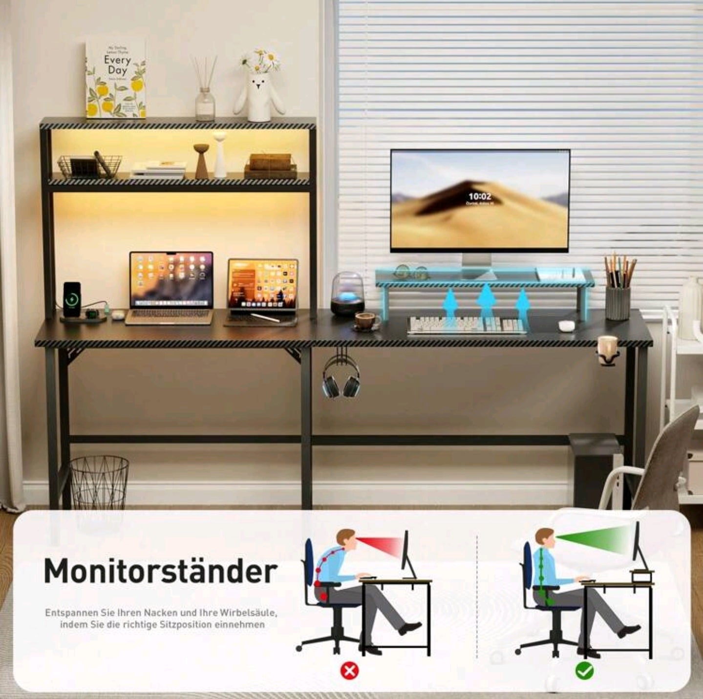 Gaming Desktop Tisch Schreibtisch Led Steckdose für bis zu 2 Personen Multifunktional