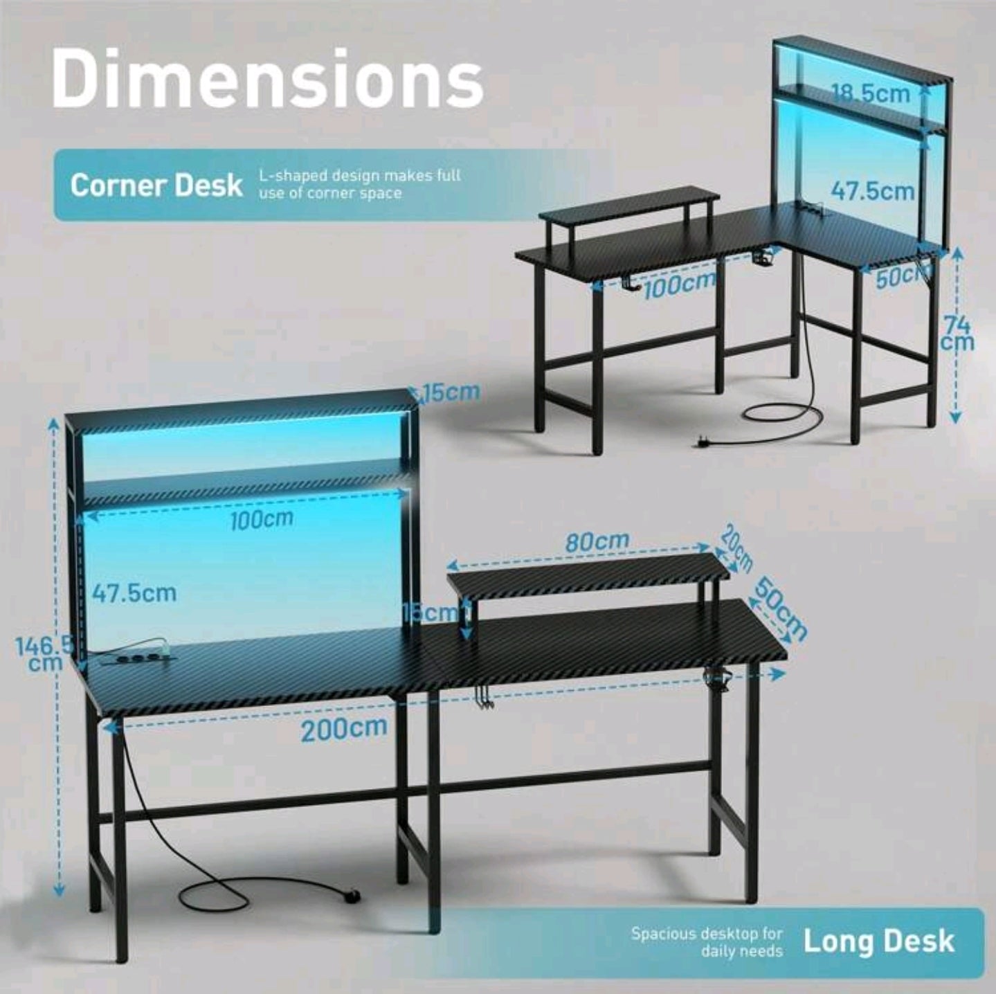 Gaming Desktop Tisch Schreibtisch Led Steckdose für bis zu 2 Personen Multifunktional