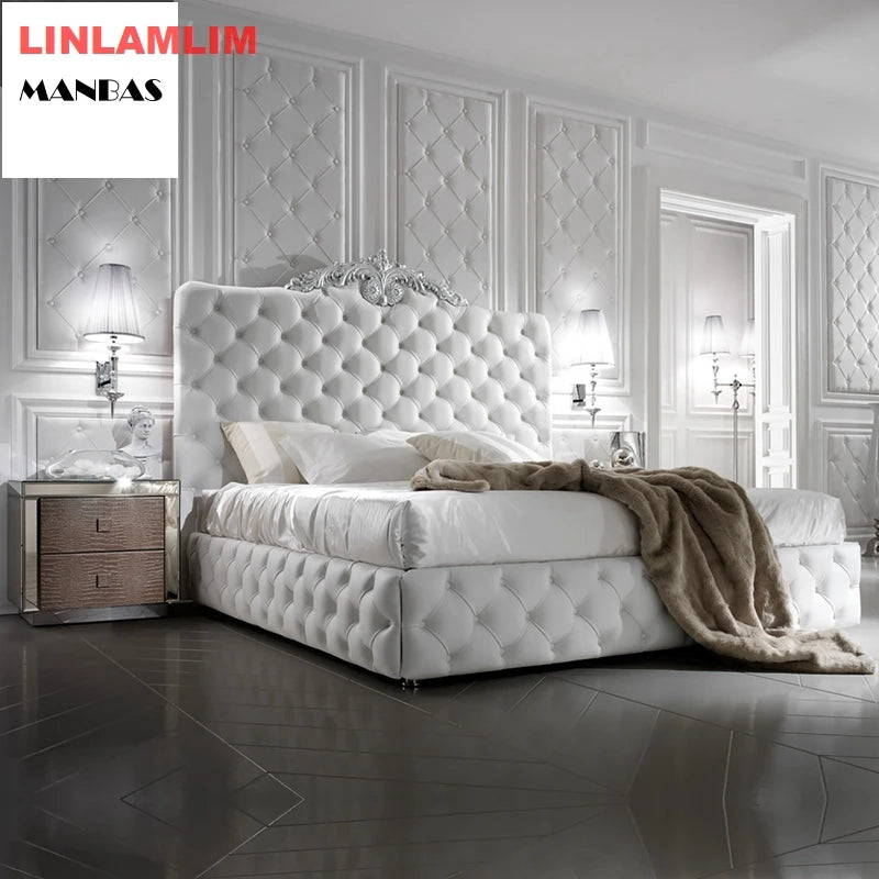 Rectangle bed frame camas cama Genuine Leather BED lighted Camara beds made of solid wood carved leather buttons