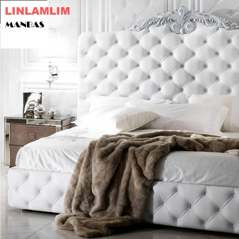 Rectangle bed frame camas cama Genuine Leather BED lighted Camara beds made of solid wood carved leather buttons