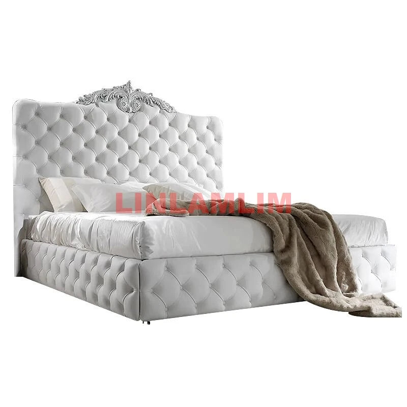 Rectangle bed frame camas cama Genuine Leather BED lighted Camara beds made of solid wood carved leather buttons