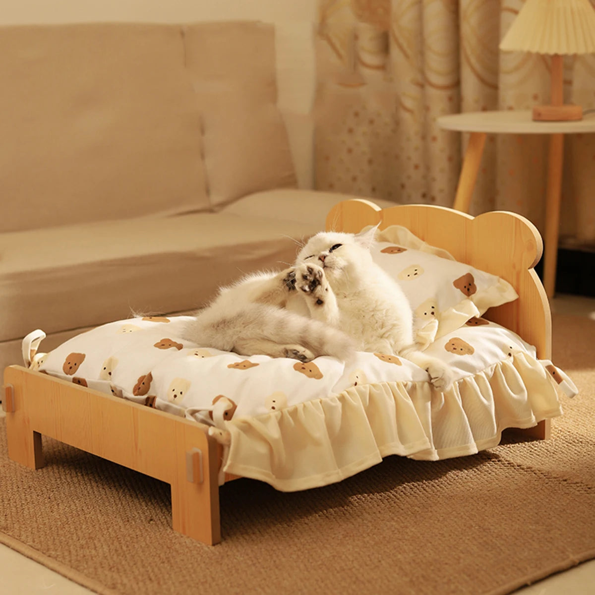 Cat Bed Wooden Cat and Dog Bed with Teddy Bear Pattern Indoor Pet Furniture Floor to Ceiling Bed (20 * 11inch) Comfortable Durable