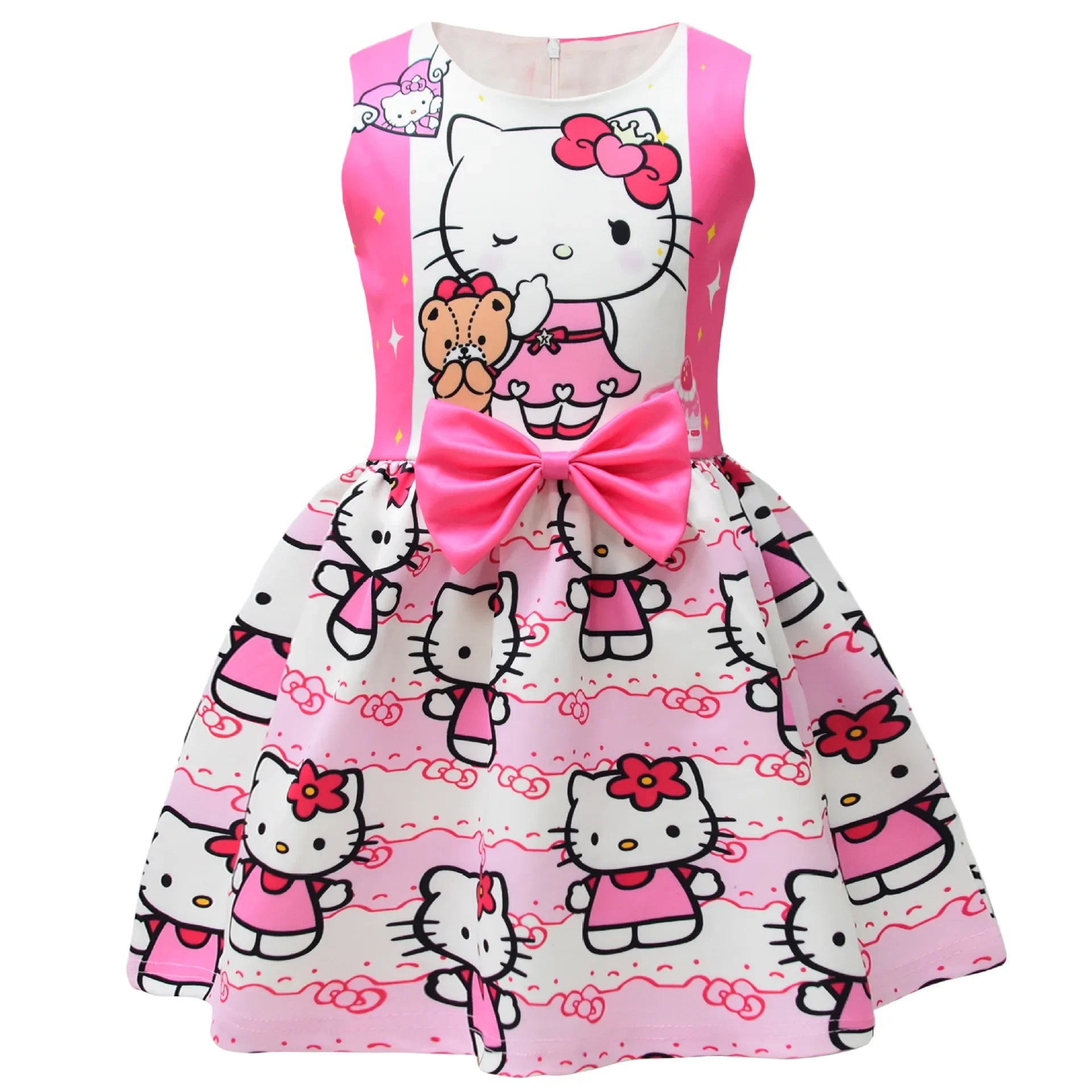 Hello Kitty Cartoon Gedrucktes Netz Garn  pleated Kleid für Mädchen Geburtstagsparty Prinzessin Kostüm Kostüm für Kinder