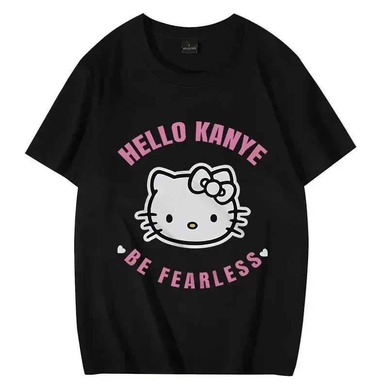 Hello Kitty Kanye Be Fearless Graphic T-Shirt Herren und Damen Mode Hip Hop Streetwear Loose Unisex Familienkleidung T-Shirt