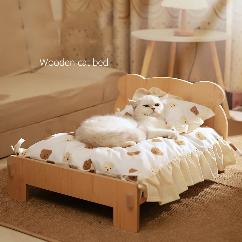 Cat Bed Wooden Cat and Dog Bed with Teddy Bear Pattern Indoor Pet Furniture Floor to Ceiling Bed (20 * 11inch) Comfortable Durable
