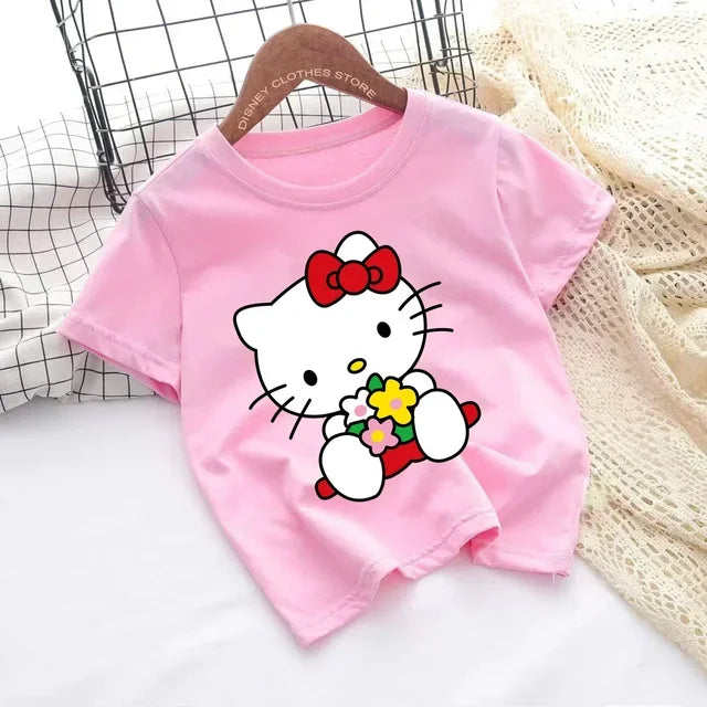 Hello Kitty Kawaii, 3-14 Jahre alt, modische Mädchenkleidung für Kinder, Sommerjungenkleidung, T-Shirt-Tops für Kinder