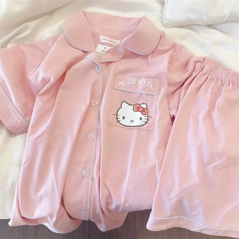 Hello Kitty Girl Cartoon niedlich kawaii Sommer Neue Sanrio Anime Kurzarm-Pyjamas Set Kreative Strickjacke Haus Kleidung Geschenk