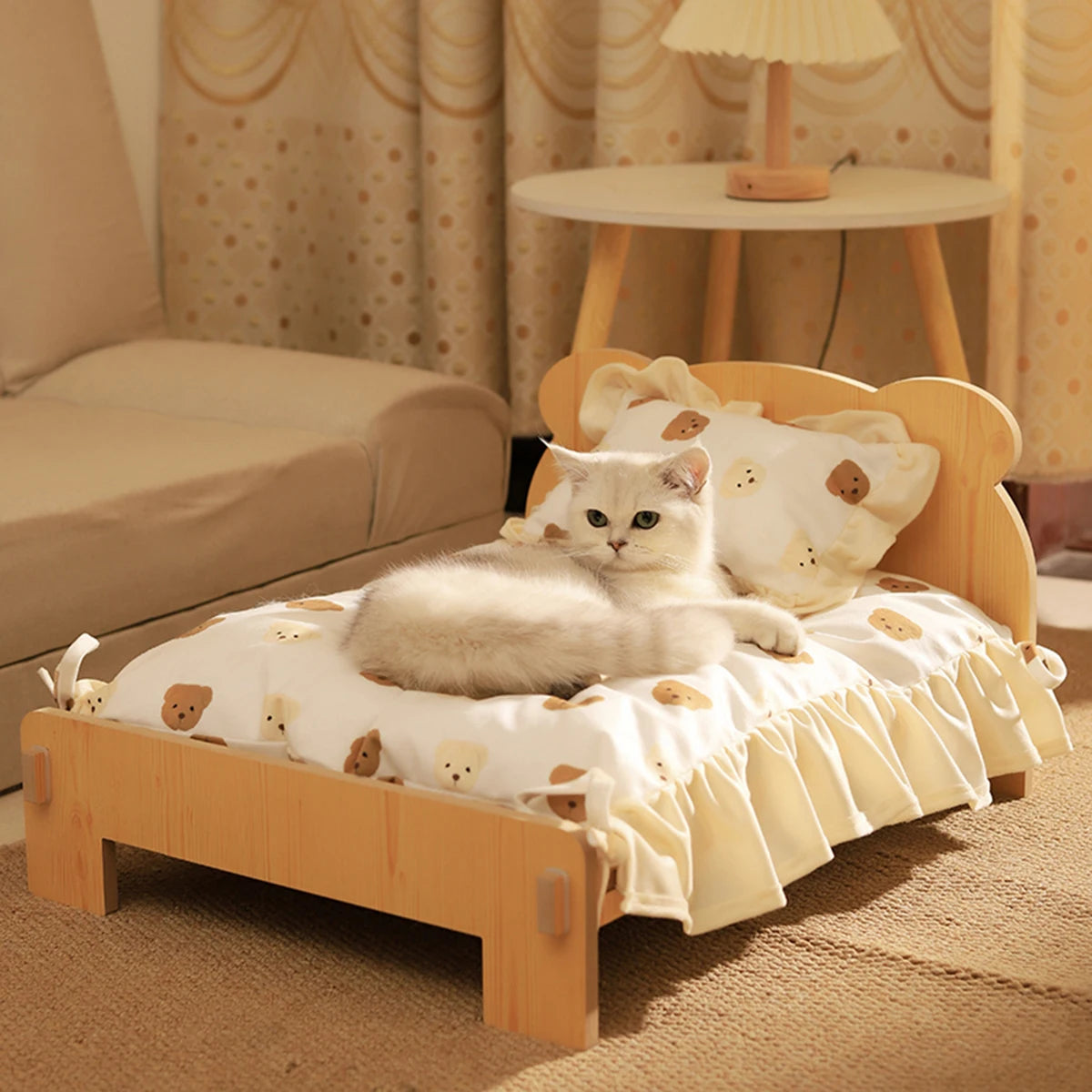 Cat Bed Wooden Cat and Dog Bed with Teddy Bear Pattern Indoor Pet Furniture Floor to Ceiling Bed (20 * 11inch) Comfortable Durable