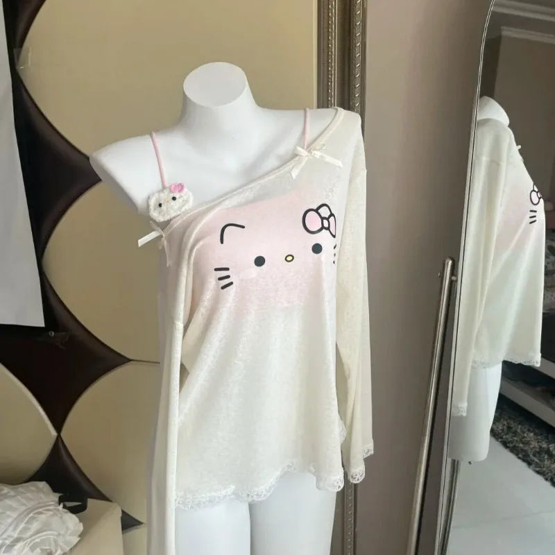 Hello Kitty Cartoon Off - schulterbedruckte Bluse Neue lose niedliche kawaii heißes Mädchen dünnen Sonnenschutz langärmeligen Top T-Shirt Geschenk