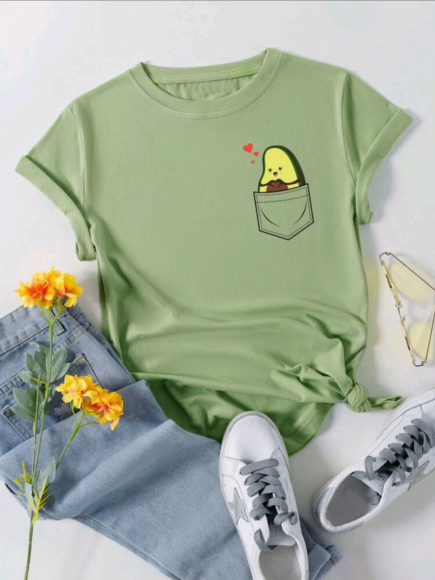 Damen Tshirt Grün Avocadoprint Cartoon