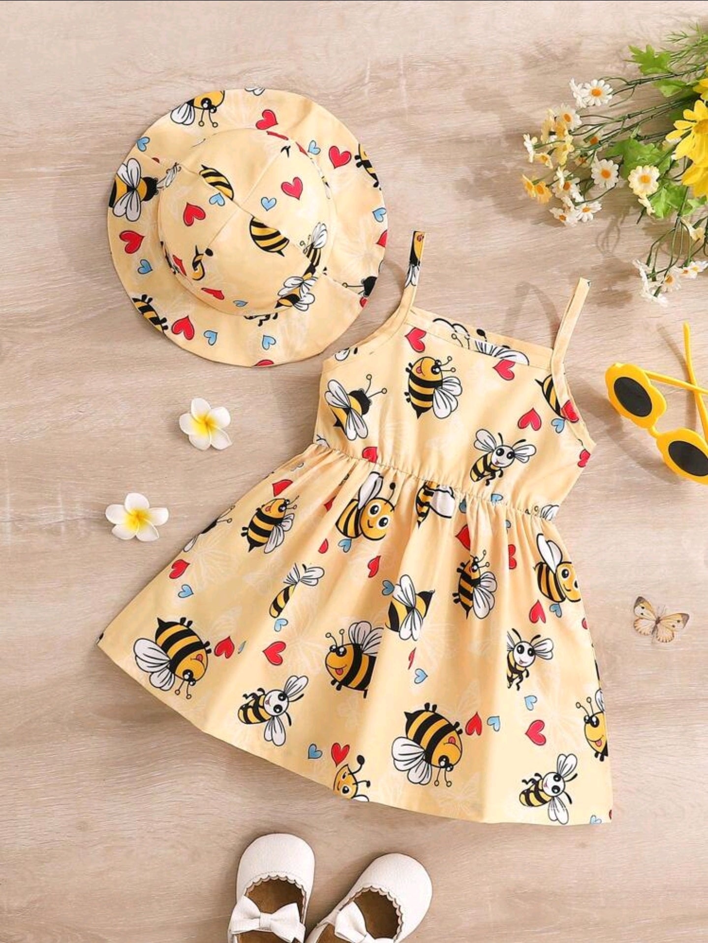 Baby Mädchen Kleid mit Hut Bienenmuster