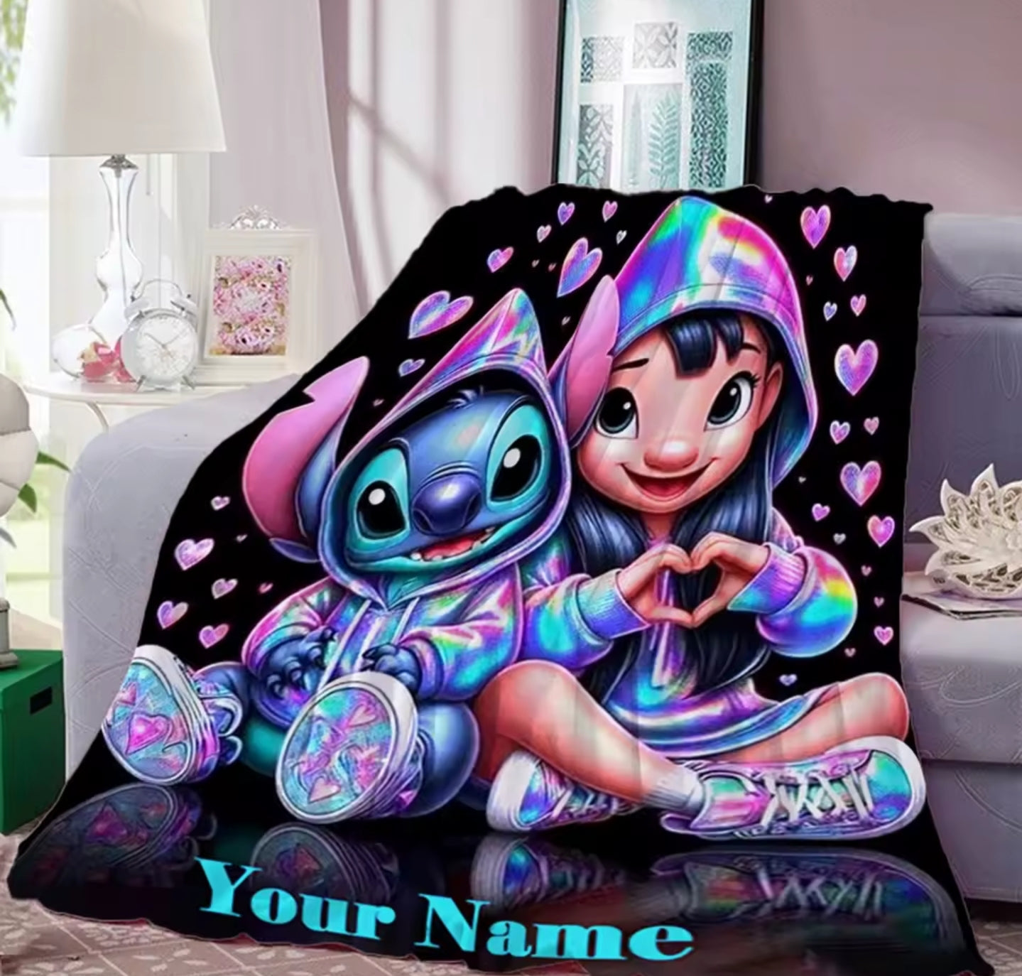 150x200cm Disney Stitch Personalisierte Kuscheldecke mit Wunschnamen Flanell Wohndecke Überwurf
