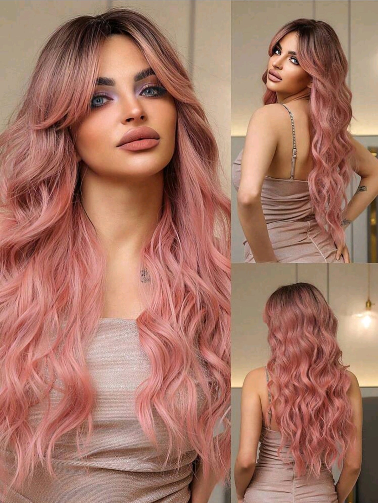 Damenperücke Rosa Ombre Synthetisch Hitzebeständig