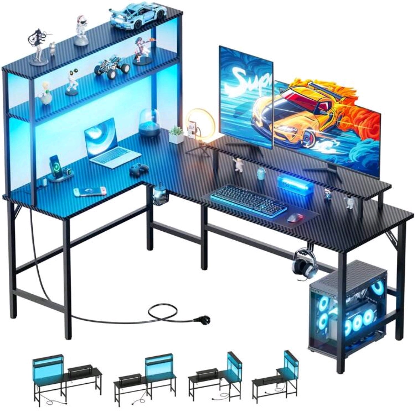 Gaming Desktop Tisch Schreibtisch Led Steckdose für bis zu 2 Personen Multifunktional
