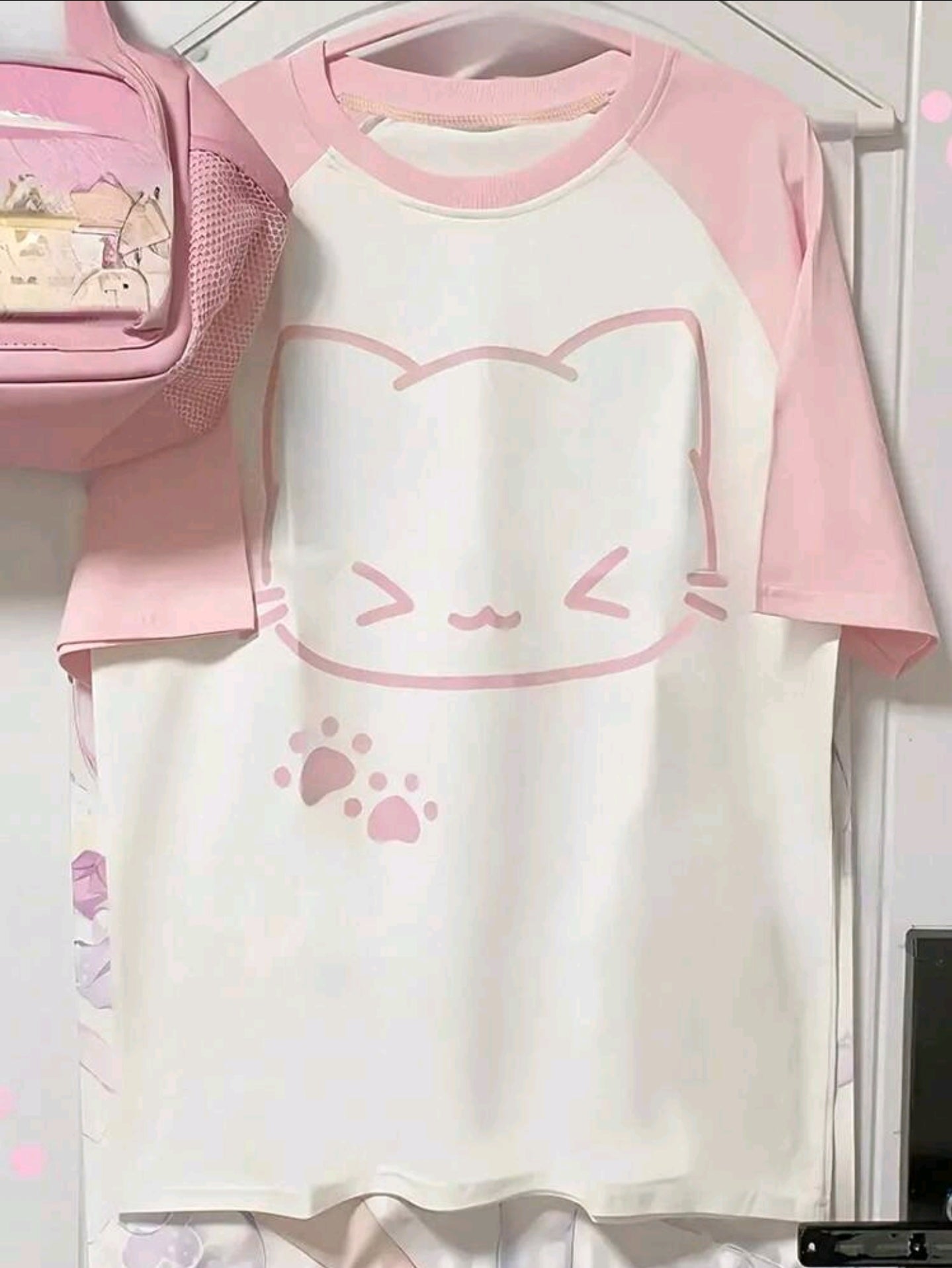 Damen Tshirt Kawaii Print Katze rosa